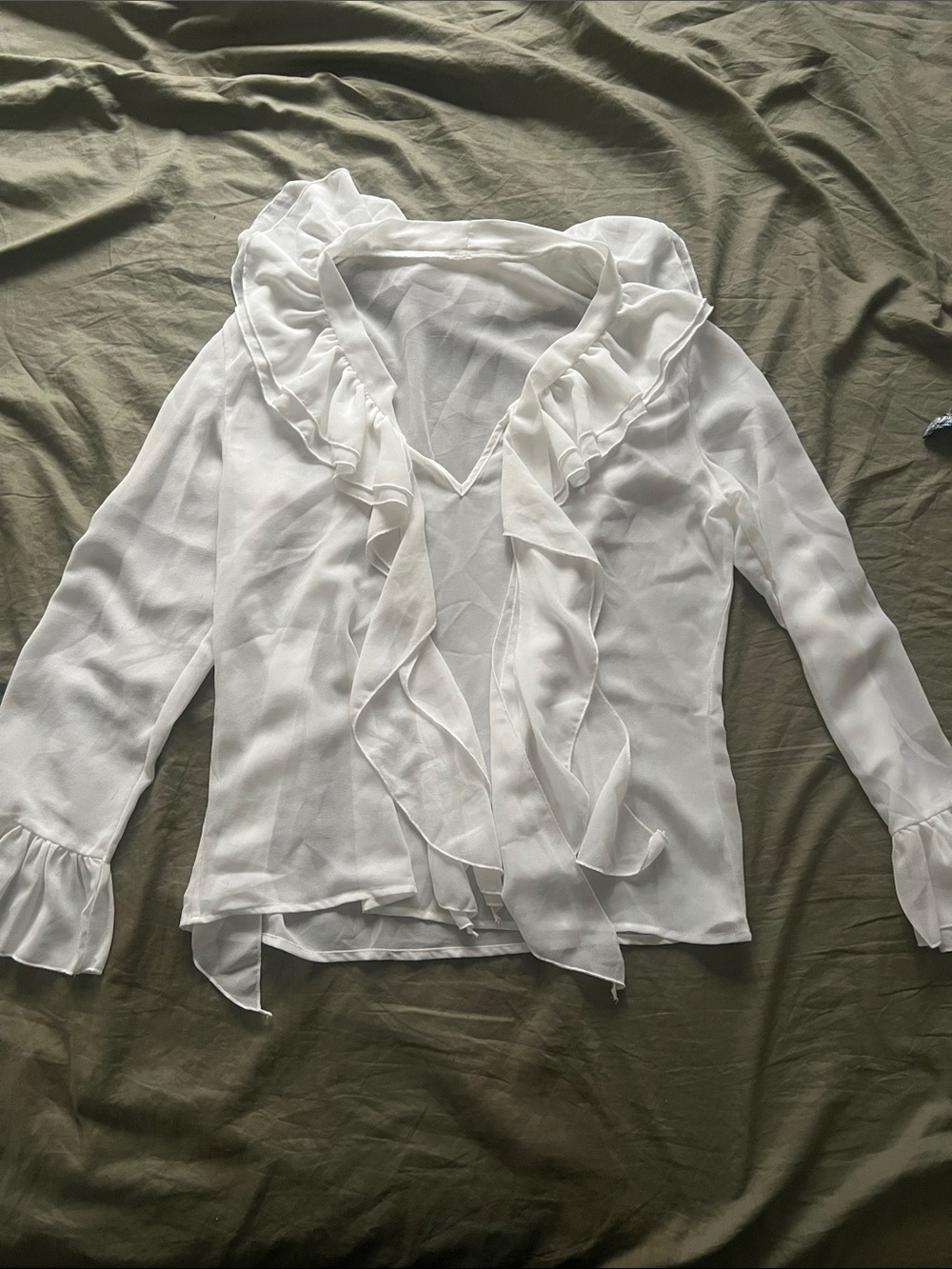 WHITE RUFFLED VNECK SHEER BLOUSE